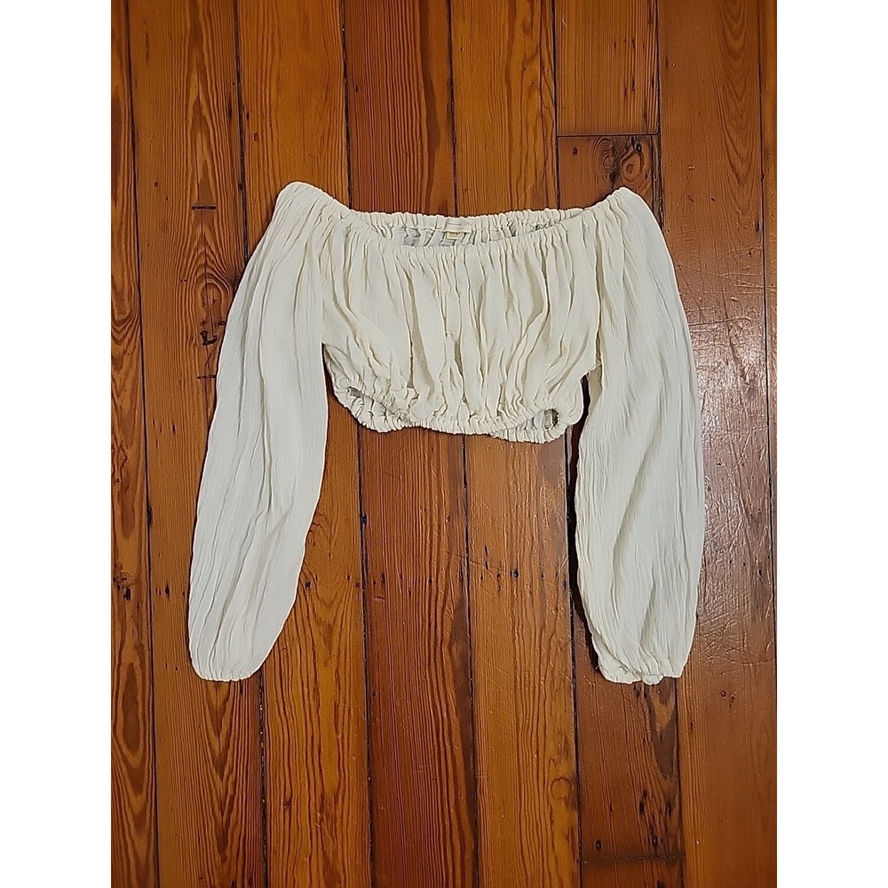 Savannah Morrow Womens XS or S Peasant Sleeve Crop Cotton Top Cream Summer Boho